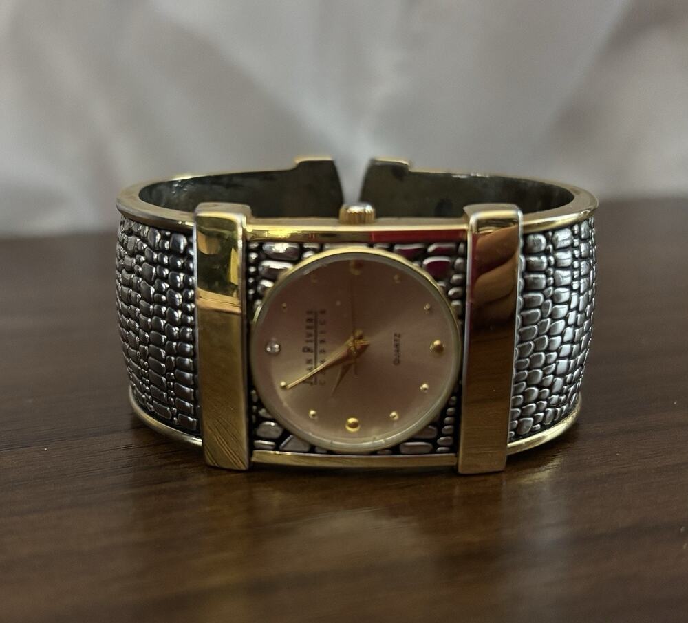 Joan Rivers Cuff Bracelet Watch Gold Silver Tone Textured Quartz Vintage